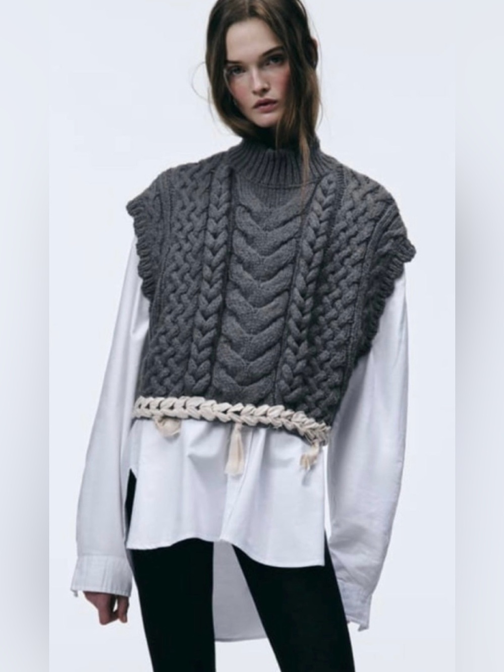 ZARA Cable Knit Oversized Chunky Cropped Sweater Vest in Charcoal XS/S